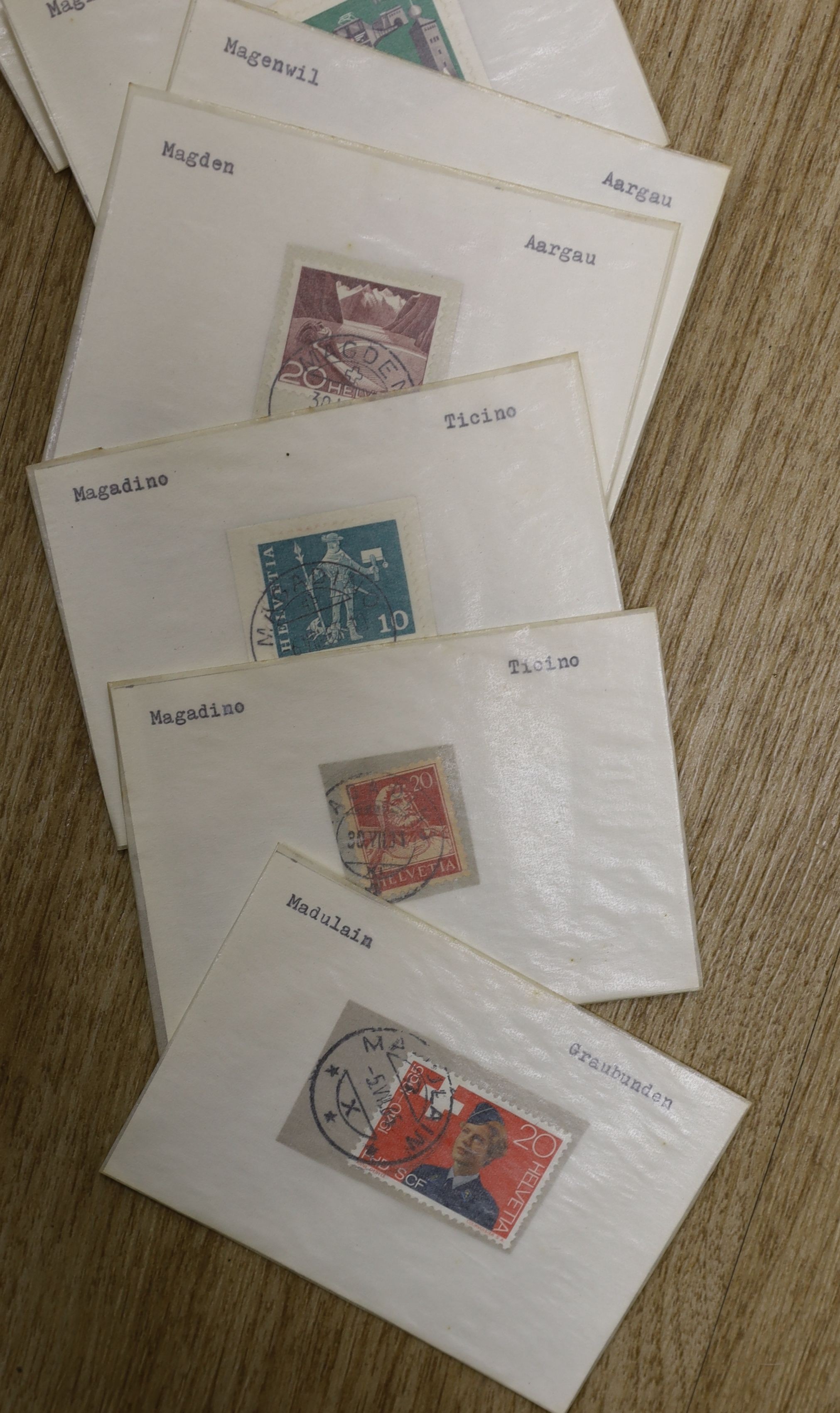 Switzerland postmarks on piece A-Z, mostly 1950's-60's in 16 file drawers, remarkable assembly looks like every post office operating at the time (two boxes)